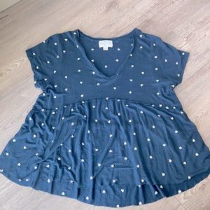 Navy V-Neck Tee with Embroidered Hearts